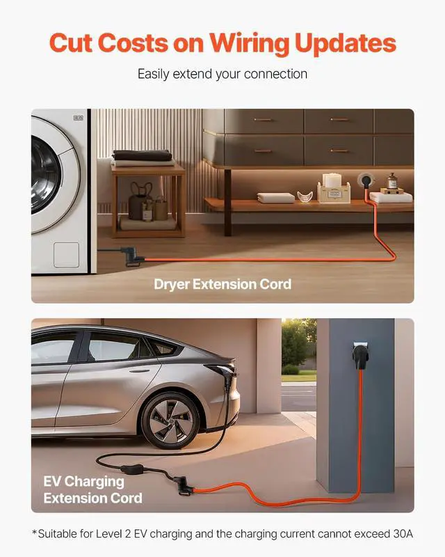 Alt view image 4 of 7 - 10 ft Dryer Extension Cord, 4-Prong NEMA 14-30P to 14-30R, 125V/250V, STW 10AWG/4C, 30A, Copper Wire Cable with Black Storage Bag and PVC Cable Tie, Suitable for Indoor and Outdoor Applications