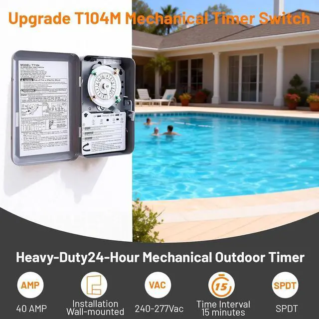 Alt view image 2 of 7 - Upgraded T104M Mechanical Timer Switch (Mechanism Only), 24-Hour Heavy-Duty Timer Switch for Pool Pumps Lighting, 208V-277V 40A DPST, with High-Contrast White Dial, with 4 Pairs of Trippers Included