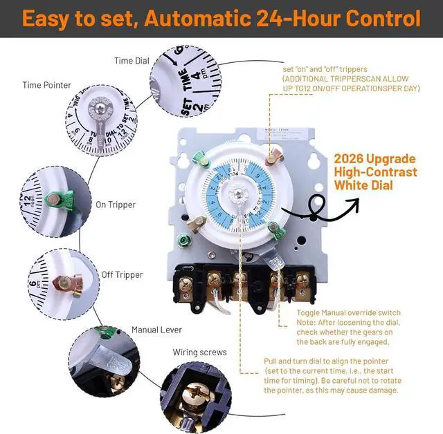 Alt view image 3 of 7 - Upgraded T104M Mechanical Timer Switch (Mechanism Only), 24-Hour Heavy-Duty Timer Switch for Pool Pumps Lighting, 208V-277V 40A DPST, with High-Contrast White Dial, with 4 Pairs of Trippers Included