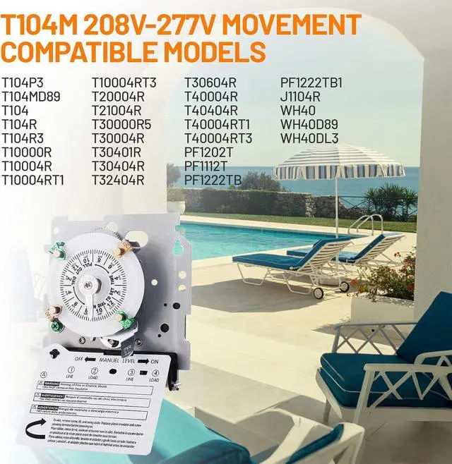 Alt view image 4 of 7 - Upgraded T104M Mechanical Timer Switch (Mechanism Only), 24-Hour Heavy-Duty Timer Switch for Pool Pumps Lighting, 208V-277V 40A DPST, with High-Contrast White Dial, with 4 Pairs of Trippers Included