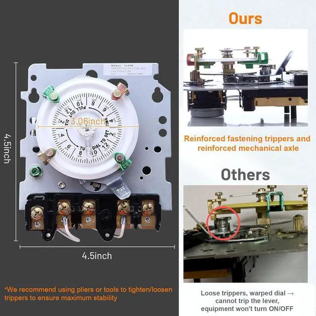 Alt view image 5 of 7 - Upgraded T104M Mechanical Timer Switch (Mechanism Only), 24-Hour Heavy-Duty Timer Switch for Pool Pumps Lighting, 208V-277V 40A DPST, with High-Contrast White Dial, with 4 Pairs of Trippers Included