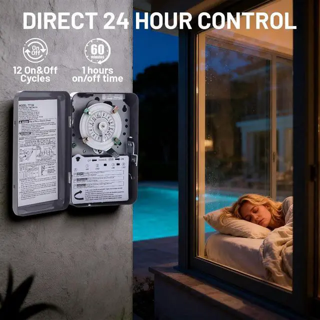 Alt view image 7 of 7 - Upgraded T104M Mechanical Timer Switch (Mechanism Only), 24-Hour Heavy-Duty Timer Switch for Pool Pumps Lighting, 208V-277V 40A DPST, with High-Contrast White Dial, with 4 Pairs of Trippers Included