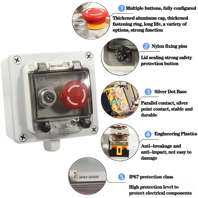 Alt view image 3 of 7 - Push Button Box with Emergency Stop and Key Switch IP67 Button Switch Emergency Stop Button Lock Button Protective Cover Anti Misoperation