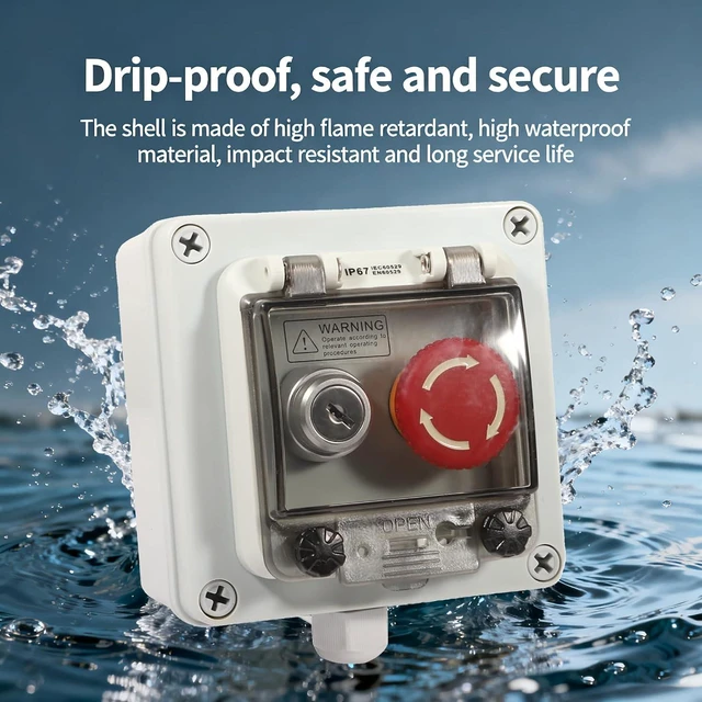 Alt view image 4 of 7 - Push Button Box with Emergency Stop and Key Switch IP67 Button Switch Emergency Stop Button Lock Button Protective Cover Anti Misoperation