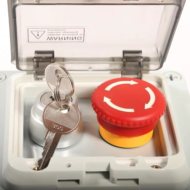 Alt view image 7 of 7 - Push Button Box with Emergency Stop and Key Switch IP67 Button Switch Emergency Stop Button Lock Button Protective Cover Anti Misoperation