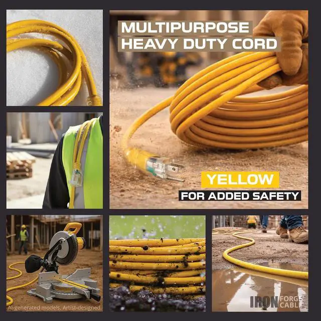 Alt view image 7 of 7 - IRON FORGE CABLE 15 Foot Lighted Outdoor Extension Cord - 12/3 SJTW Heavy Duty Yellow Extension Cable with 3 Prong Grounded Plug for Safety, 15 AMP - Great for Garden and Major Appliances
