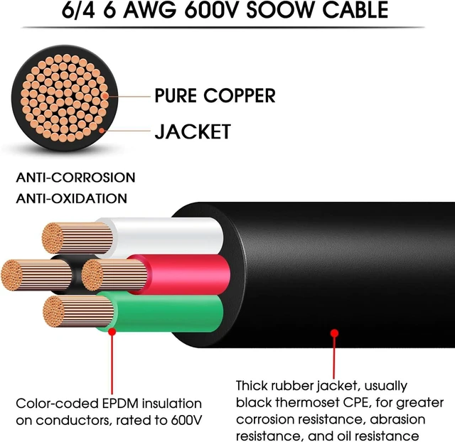 Alt view image 3 of 7 - 6/4 6 AWG SOOW Portable Power Cable Wire,6 Gauge 600V SOOW Electrical Cable,6 AWG 4 Conductor Extension Cord for Welder Machine,Generator,Portable Light,EV Car Charger,Motor Lead, Industrial-20ft