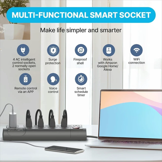 Alt view image 5 of 6 - Smart Plug Power Strip, 6sockets with 2 Always on Outlets, WiFi Surge Protector Compatible with Alexa & Google Home,Wall Mountable,Home Office Multi-Plug Extender, Black