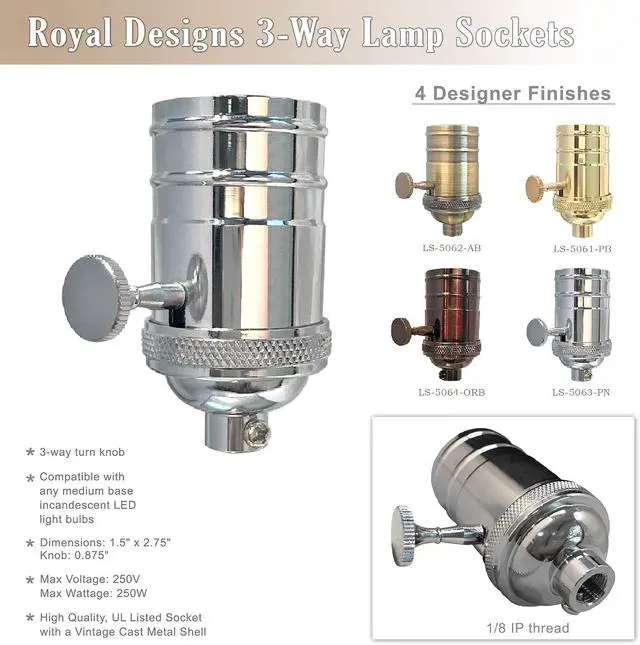 Alt view image 4 of 7 - Royal Designs, Inc. Full Range 3 Way Vintage Turn Knob Lamp Socket (Polished Nickel, A. Set of 2)