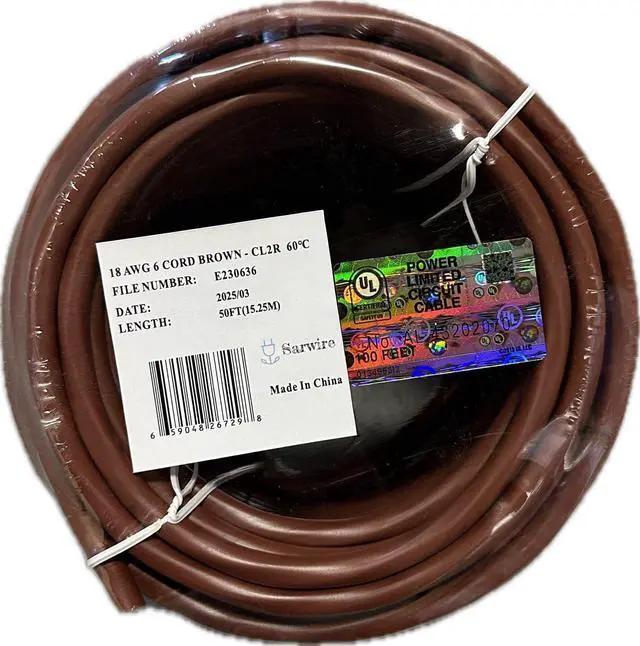 Main image of CUL Approved 6 Conductor 18/6 Thermostat Wire, 18-Gauge Solid Copper Class 2 Power-Circuit Cable, 50-Feet | 15 Meter, Brown