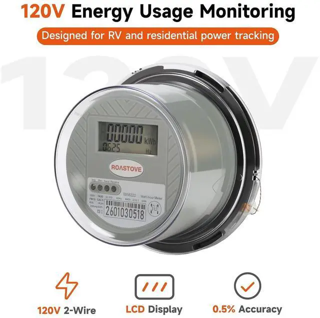 Alt view image 2 of 7 - 120V Digital Electric Meter, 2 Wire KWH Watt Meter for RV & Home, LCD Energy Usage Monitor, 0.5 Accuracy, Easy-to-Read Power Consumption Meter