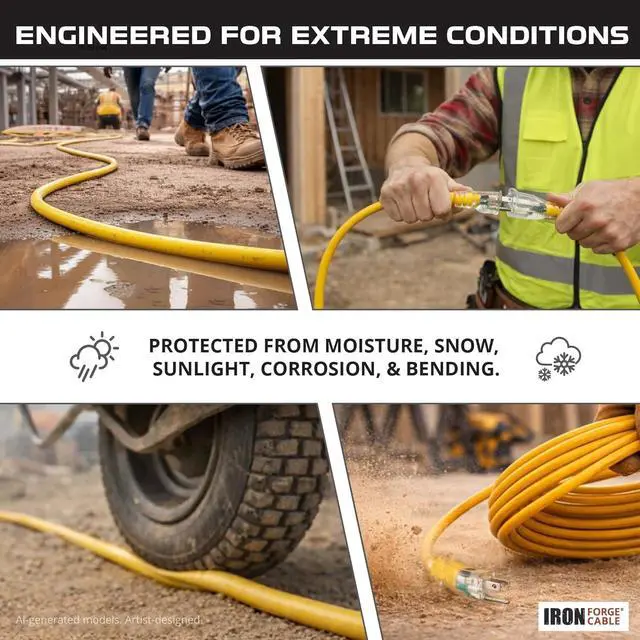Alt view image 4 of 7 - IRON FORGE CABLE 15 Foot Lighted Outdoor Extension Cord - 12/3 SJTW Heavy Duty Yellow Extension Cable with 3 Prong Grounded Plug for Safety, 15 AMP - Great for Garden and Major Appliances