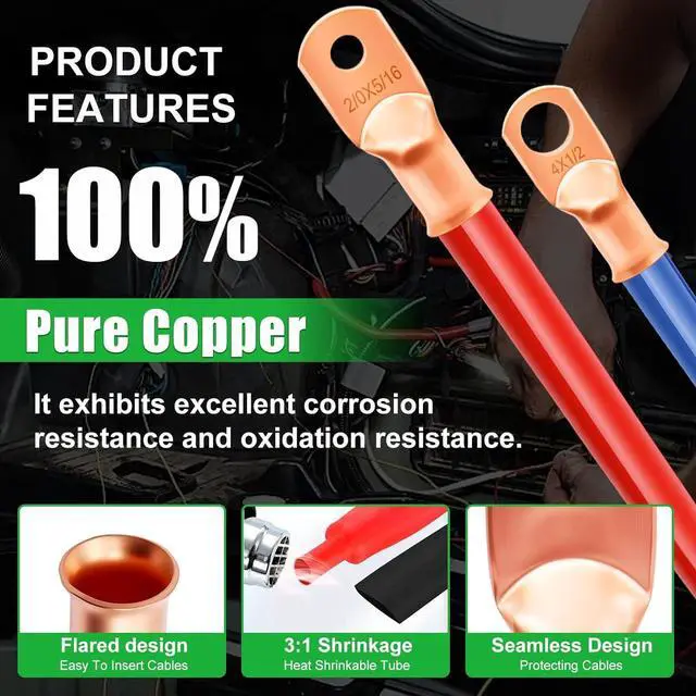 Alt view image 6 of 7 - Twidec/230PCS Battery Cable Ends Kit AWG 8 6 4 2 1 1/0 2/0 Heavy Duty Copper Lugs Cable Wire Lugs,Copper Ring Terminals Connectors with Heat Shrink Tube and Hydraulic Crimping Tool 10 Tons with 9 Die