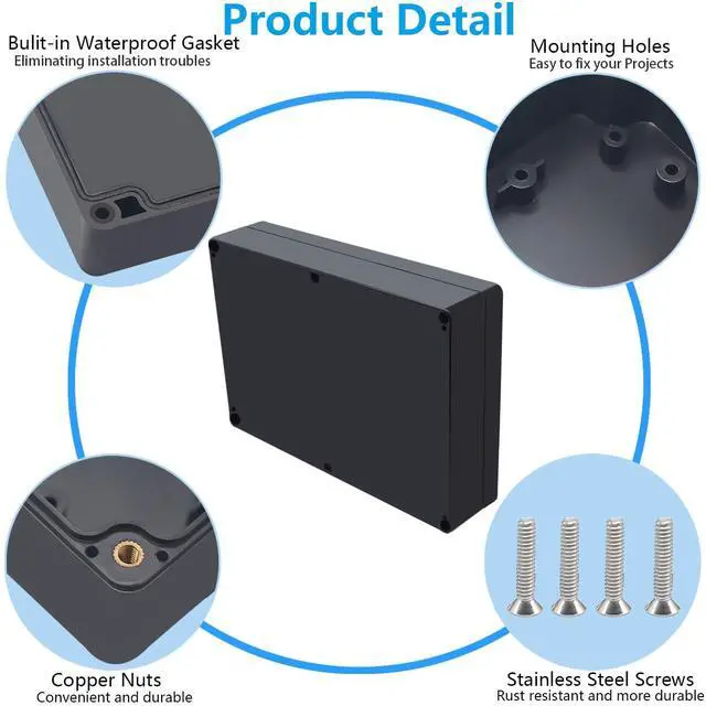Alt view image 6 of 7 - Project Box ABS Black Electrical Boxes IP67 Outdoor Waterproof box Electronic Junction Box Power Enclosure with Cable Glands for DIY Project 10.4 x 7.2 x 2.4 inch (263x182x60mm)