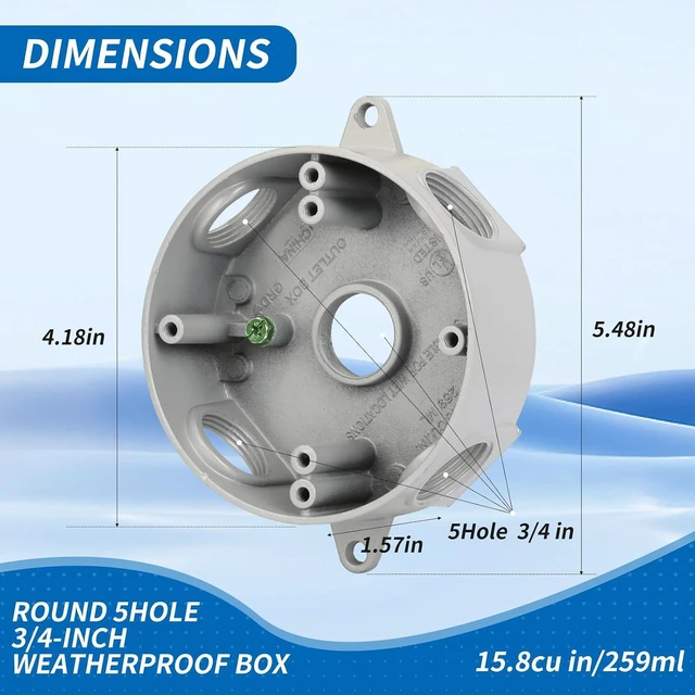Alt view image 2 of 6 - Gray Aluminum Round Weatherproof Outlet Box, 9 Pack with 5 Outlet Holes, 3/4" Dia, Includes Accessory Kit for Easy Installation, CUL Listed