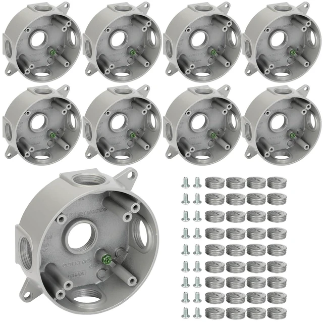 Main image of Gray Aluminum Round Weatherproof Outlet Box, 9 Pack with 5 Outlet Holes, 3/4" Dia, Includes Accessory Kit for Easy Installation, CUL Listed
