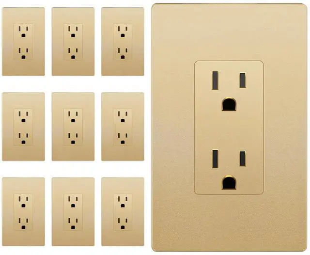 Main image of LIDER Matte Finish Decorator Receptacle with Interchangeable Face Cover, Child Safe Tamper-Resistant Wall Outlet with Screwless Wall Plate, Residential Grade, 15A 125V, UL Listed, Gold, 10 Pack