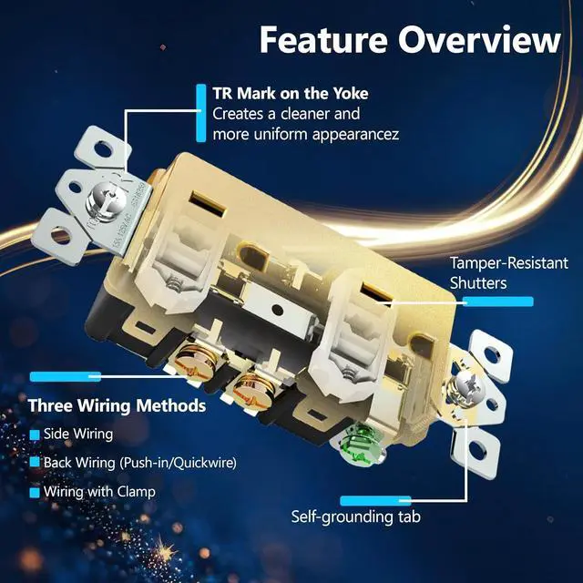 Alt view image 3 of 7 - LIDER Matte Finish Decorator Receptacle with Interchangeable Face Cover, Child Safe Tamper-Resistant Wall Outlet with Screwless Wall Plate, Residential Grade, 15A 125V, UL Listed, Gold, 10 Pack