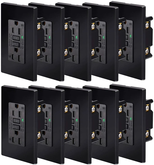 Main image of NineLeaf 10 Pack 15A 125V Tamper-ResistantTR) Weather-ResistantWRGFCI Outlet Receptacles Slim Design LED Indicator Decorative Wall Plates and Screws Included ETL Certified Black