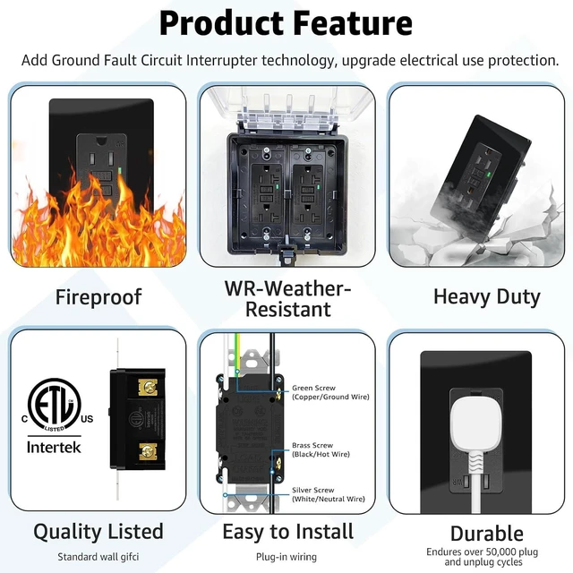 Alt view image 5 of 7 - NineLeaf 10 Pack 15A 125V Tamper-ResistantTR) Weather-ResistantWRGFCI Outlet Receptacles Slim Design LED Indicator Decorative Wall Plates and Screws Included ETL Certified Black
