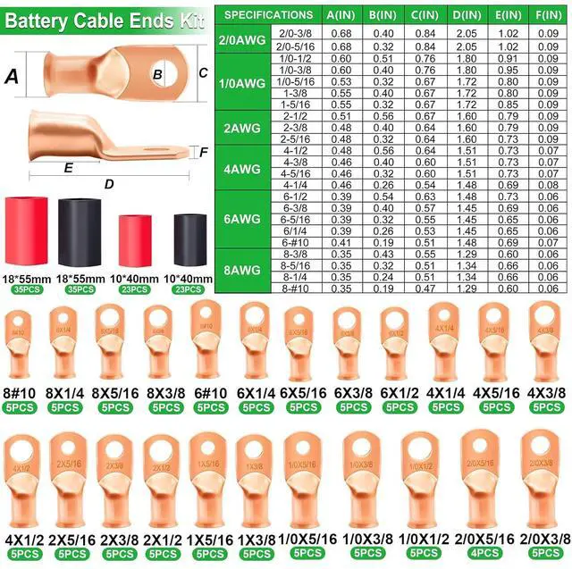 Alt view image 3 of 7 - Twidec/230PCS Battery Cable Ends Kit AWG 8 6 4 2 1 1/0 2/0 Heavy Duty Copper Lugs Cable Wire Lugs,Copper Ring Terminals Connectors with Heat Shrink Tube and Hydraulic Crimping Tool 10 Tons with 9 Die