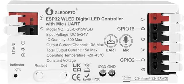 Main image of GLEDOPTO ESP32 WLED LED Strip Controller Mic UART Download Music Sound Dynamic Mode RGB IC DIY WiFi APP Control Easy Wiring for WS2811 WS2812 SK6812 TM1814 WS2813 WS2815 FCOB Addressable Strip Light