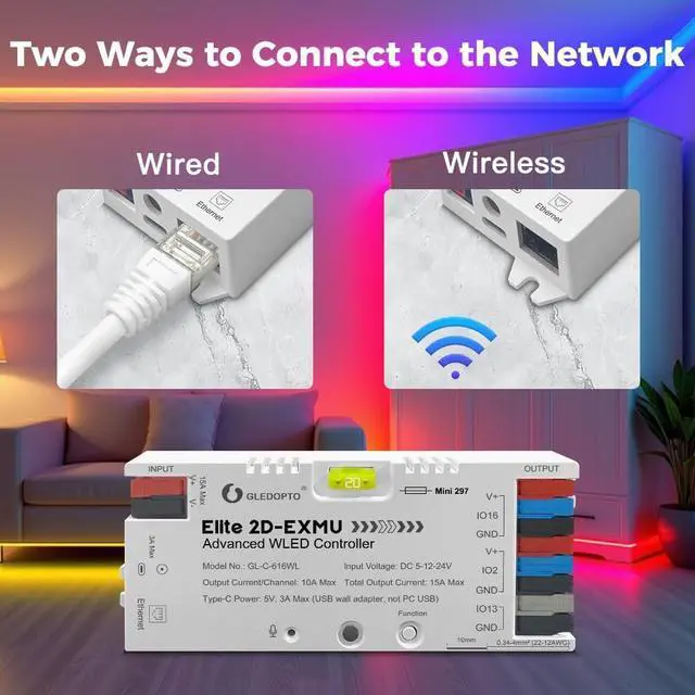 Alt view image 3 of 7 - GLEDOPTO Elite ESP32 WLED LED Controller Ethernet WiFi Network Built in I2S Mic 20A Fuse Energy Saving Relay Level Shifter IC ESD Chip Work with Addressable Digital RGB IC WS2811 WS2815 SK6812 etc