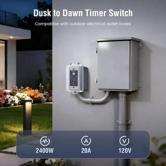 Alt view image 2 of 7 - SURAIELEC 20A Heavy Duty Dusk to Dawn Light Sensor Timer Switch, 2400W Hardwired Weatherproof Photocell Controller for Outdoor Security Lighting, Floodlights, Patio Lights, Christmas Decorations