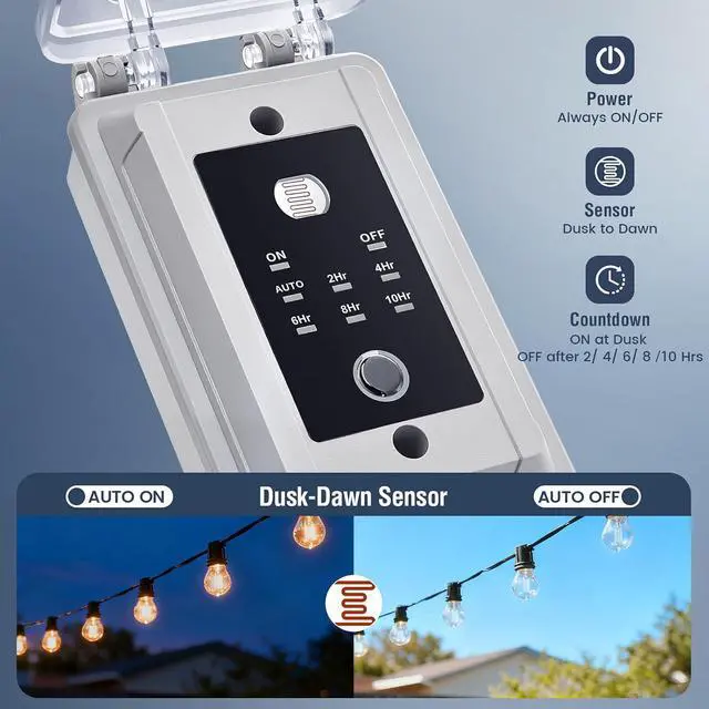 Alt view image 3 of 7 - SURAIELEC 20A Heavy Duty Dusk to Dawn Light Sensor Timer Switch, 2400W Hardwired Weatherproof Photocell Controller for Outdoor Security Lighting, Floodlights, Patio Lights, Christmas Decorations