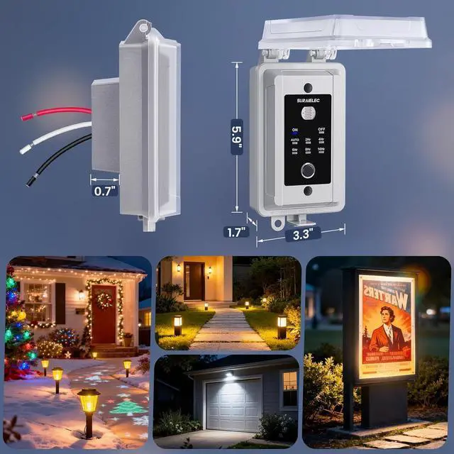 Alt view image 7 of 7 - SURAIELEC 20A Heavy Duty Dusk to Dawn Light Sensor Timer Switch, 2400W Hardwired Weatherproof Photocell Controller for Outdoor Security Lighting, Floodlights, Patio Lights, Christmas Decorations