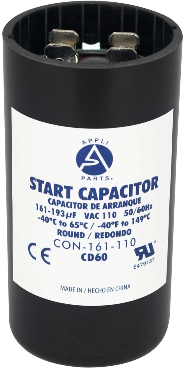 Main image of Appli Parts motor start capacitor 161-193 Mfd (microfarads) uF 110-125VAC universal fit for electric motor applications 1-7/16 in Diameter 2-3/4 in Height CON-161-110