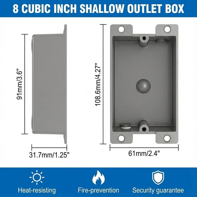 Alt view image 2 of 5 - 15 Pack Shallow Outlet Box 8 Cubic Single Gang Old Work Junction Box Grey Plastic Electrical Remodel Box for Tight Spaces, Fire Rated 1-Gang Wall Box for Switches or Receptacles