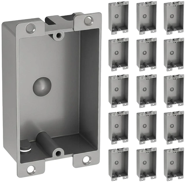 Main image of 15 Pack Shallow Outlet Box 8 Cubic Single Gang Old Work Junction Box Grey Plastic Electrical Remodel Box for Tight Spaces, Fire Rated 1-Gang Wall Box for Switches or Receptacles