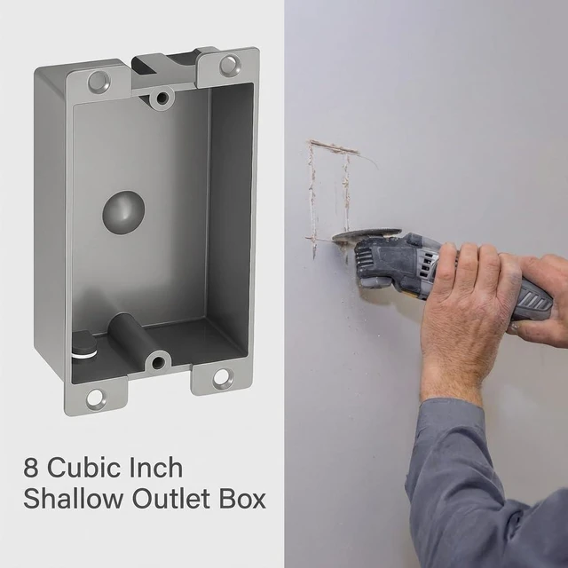 Alt view image 4 of 5 - 15 Pack Shallow Outlet Box 8 Cubic Single Gang Old Work Junction Box Grey Plastic Electrical Remodel Box for Tight Spaces, Fire Rated 1-Gang Wall Box for Switches or Receptacles