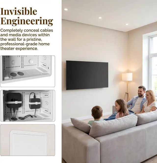 Alt view image 3 of 7 - 9-Inch Recessed in-Wall TV Media Box with Cable Management - Structured Wiring Enclosure Compatible with Streaming Media Players and TV Connection Systems - WiFi Friendly Design (White)
