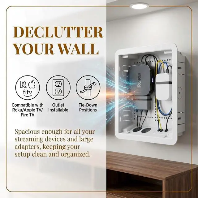 Alt view image 4 of 7 - 9-Inch Recessed in-Wall TV Media Box with Cable Management - Structured Wiring Enclosure Compatible with Streaming Media Players and TV Connection Systems - WiFi Friendly Design (White)