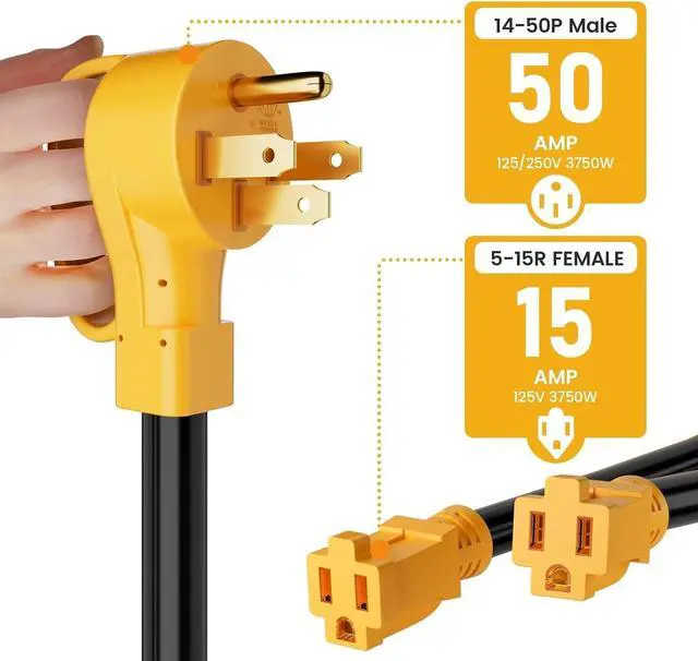 Alt view image 2 of 7 - MECMO 50 Amp to (2)x 110V 15 Amp Household Outlet RV Y Adapter Power Cord, 10/3 STW NEMA 14-50P Male Plug to Two 5-15R Female Electrical Receptacles, 50 Amp to 15Amp RV Power Y Splitter Cord 2.5 Feet