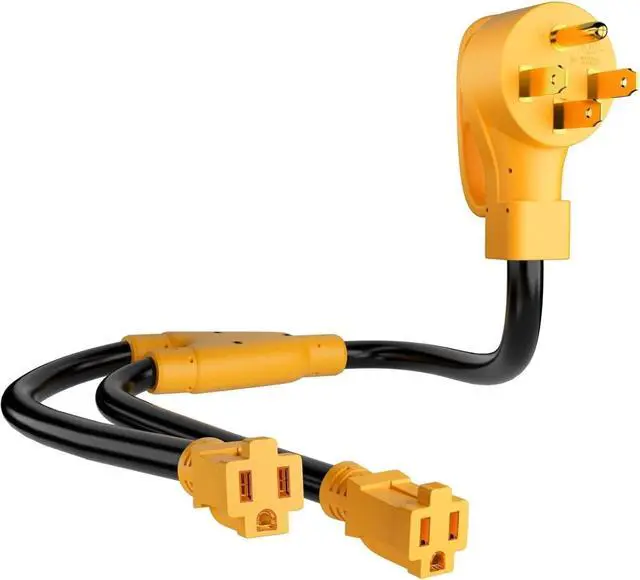 Main image of MECMO 50 Amp to (2)x 110V 15 Amp Household Outlet RV Y Adapter Power Cord, 10/3 STW NEMA 14-50P Male Plug to Two 5-15R Female Electrical Receptacles, 50 Amp to 15Amp RV Power Y Splitter Cord 2.5 Feet