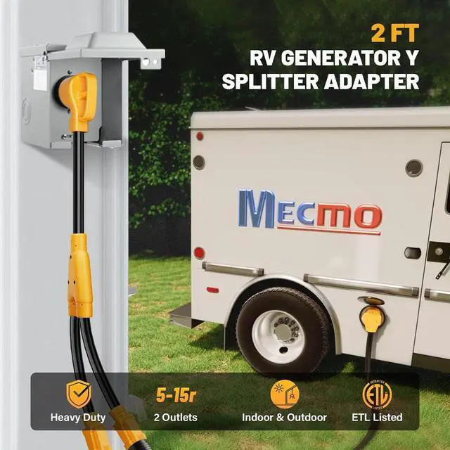 Alt view image 3 of 7 - MECMO 50 Amp to (2)x 110V 15 Amp Household Outlet RV Y Adapter Power Cord, 10/3 STW NEMA 14-50P Male Plug to Two 5-15R Female Electrical Receptacles, 50 Amp to 15Amp RV Power Y Splitter Cord 2.5 Feet