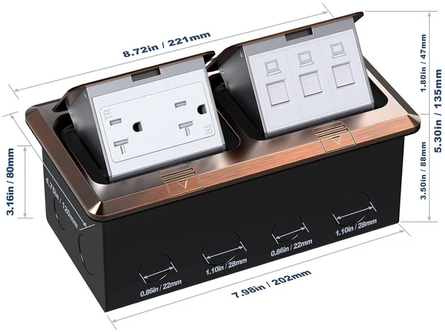 Alt view image 4 of 6 - Dual Pop-Up Floor Electrical Outlet Box Kit20 Amp Stainless Steel TR Tamper-Resistant Duplex Receptacle Outlet3-Port RJ45 Datacom ReceptacleETL Listed, Bronze