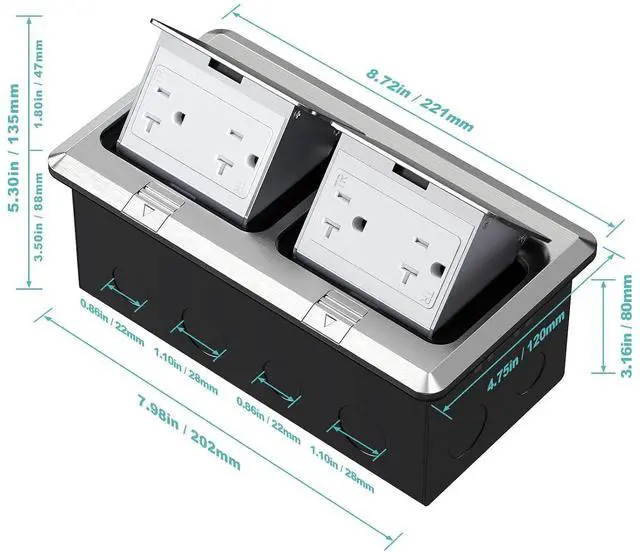 Alt view image 3 of 6 - WEBANG Dual Pop-Up Floor Box Electrical Kit, 20A Tamper-Weather Resistant Duplex Receptacle Outlet, Corrosive Resistant Hardware, with Watertight Gasket, ETL Listed, Brushed Nickel
