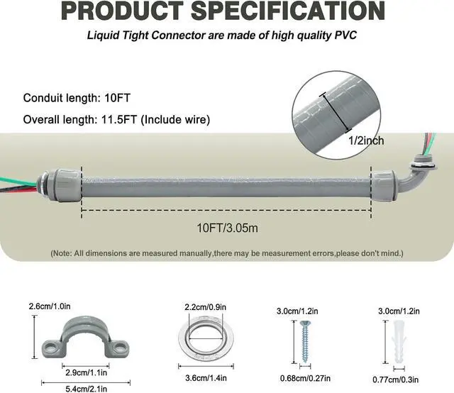 Alt view image 2 of 7 - 1/2" x 10Ft Power Whip Assembly Kit, Non-Metallic Liquid Tight Flexible Electrical Conduit with 10 Gauge Wire Electrical AC Whip Kit