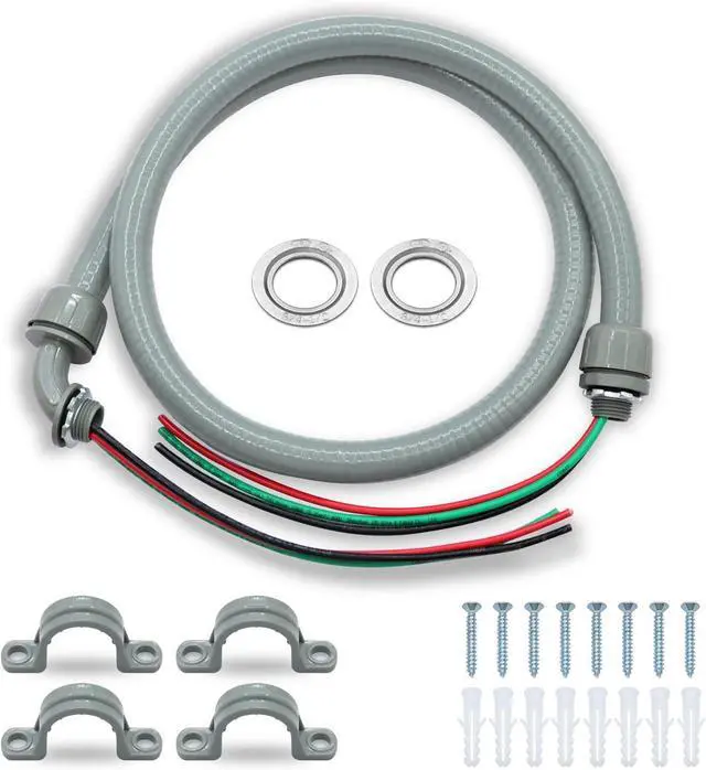 Main image of 1/2" x 10Ft Power Whip Assembly Kit, Non-Metallic Liquid Tight Flexible Electrical Conduit with 10 Gauge Wire Electrical AC Whip Kit