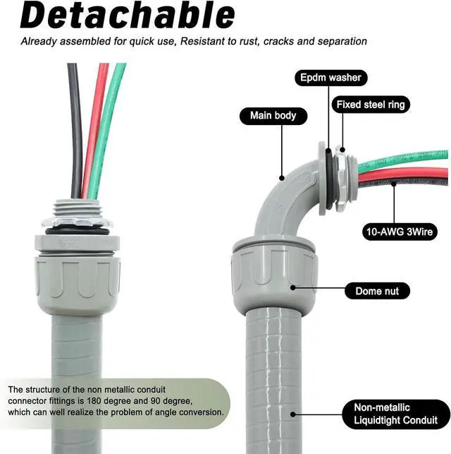 Alt view image 4 of 7 - 1/2" x 10Ft Power Whip Assembly Kit, Non-Metallic Liquid Tight Flexible Electrical Conduit with 10 Gauge Wire Electrical AC Whip Kit
