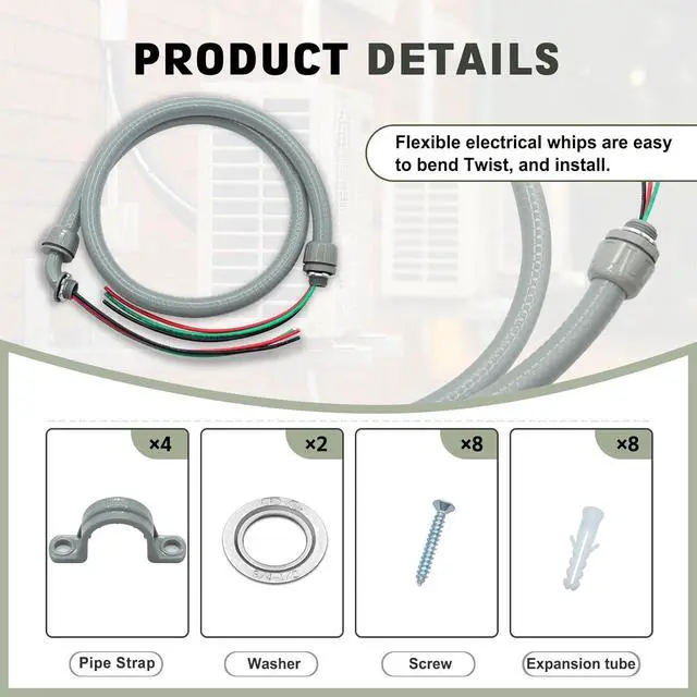 Alt view image 5 of 7 - 1/2" x 10Ft Power Whip Assembly Kit, Non-Metallic Liquid Tight Flexible Electrical Conduit with 10 Gauge Wire Electrical AC Whip Kit