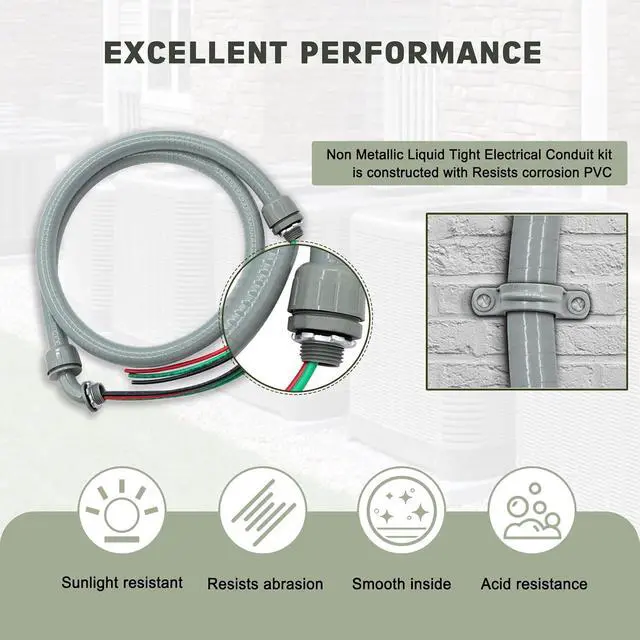 Alt view image 6 of 7 - 1/2" x 10Ft Power Whip Assembly Kit, Non-Metallic Liquid Tight Flexible Electrical Conduit with 10 Gauge Wire Electrical AC Whip Kit