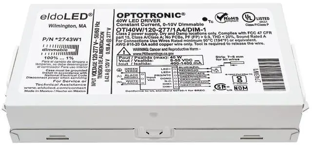 Alt view image 3 of 6 - Pack of 10 - eldoLED *2743W1 OPTOTRONIC Programmable Compact 40 Watts Constant Current LED Driver, 0-10V Dimmable OTi40W/120-277/1A4 DIM-1 (57351)