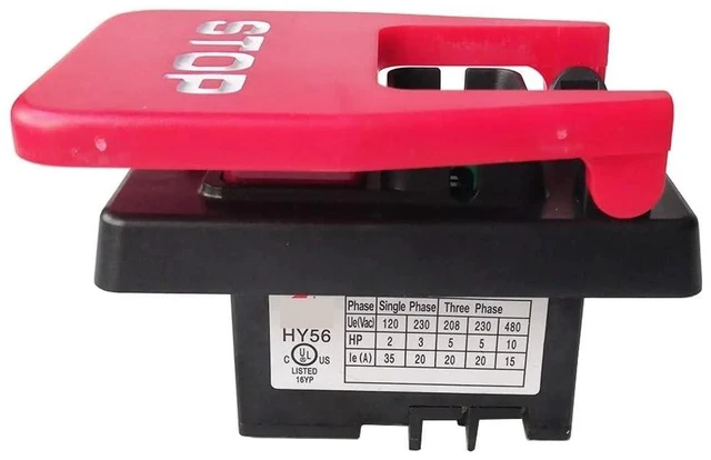 Alt view image 6 of 7 - HY56 Industrial Pushbutton Switches with Emergency Stop Cover for Bench Saw Single Phase Three Phase, Red(220V)