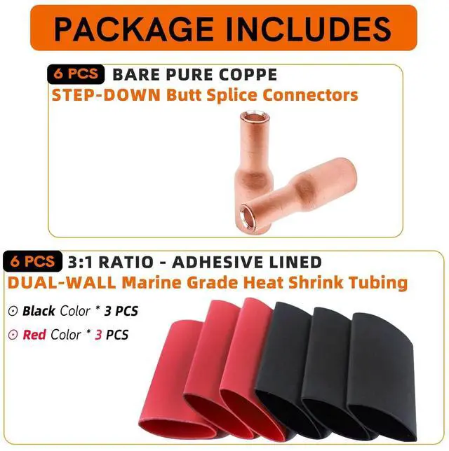 Alt view image 2 of 5 - 10PCS Step Down Butt Splice Connectors 1/0 AWG to 6 AWG Non-Insulated Reducing Splices,Pure Copper for Corrosion Resistance & Strong Crimps for Wire Splice Connectors,with 10PCS 3:1 Heat Shrinks