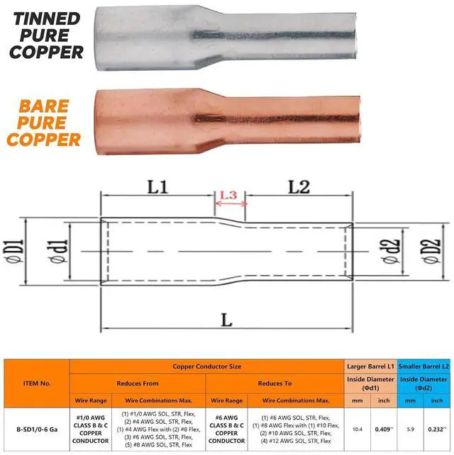 Main image of 10PCS Step Down Butt Splice Connectors 1/0 AWG to 6 AWG Non-Insulated Reducing Splices,Pure Copper for Corrosion Resistance & Strong Crimps for Wire Splice Connectors,with 10PCS 3:1 Heat Shrinks